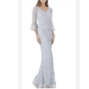 JS Collection Long Sleeve Beaded Embroidered Gown Size 8 Gray/Blue Formal Event